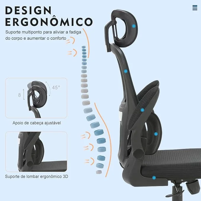 Imagem Cadeira de escritório ergonômica preta com apoio de cabeça ajustável e suporte lombar 3D, com ilustração da coluna e indicação de medidas e dimensões do produto.