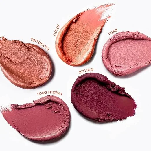 Blush, Batom e Sombra 3-em-1 FPS 95 (Ollie) na Amazon: maquiagem prática e proteção solar? imagem de quatro cores de blush, batom e sombra 3 em 1 fps 95 da marca ollie