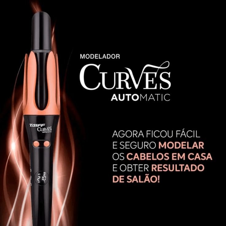 imagem de um modelador de cabelo da marca Taiff modelo curves  automatic sendo apresentando com um fundo preto e frases de explicação