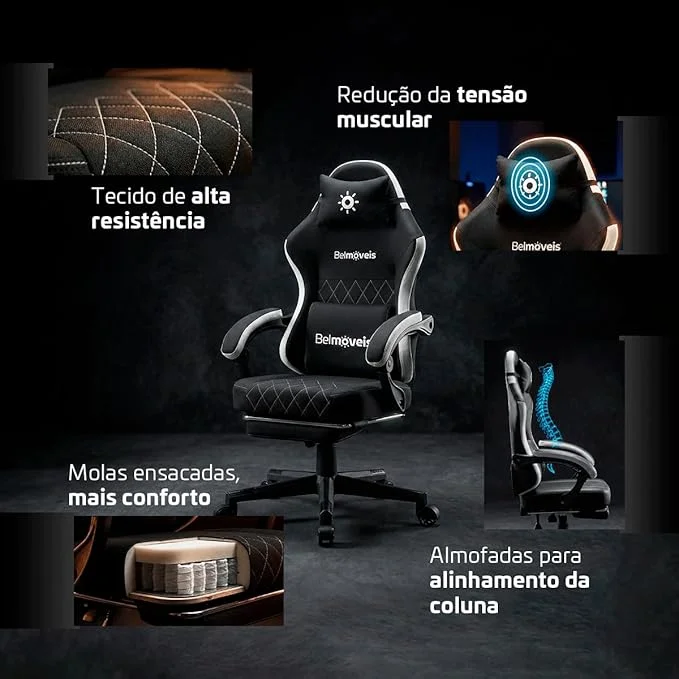 Cadeira de Escritório Reclinável e Respirável (Amazon) Imagem de uma cadeira gamer belmóveis bm3 reclinável 135 graus apresentando a sua descrição