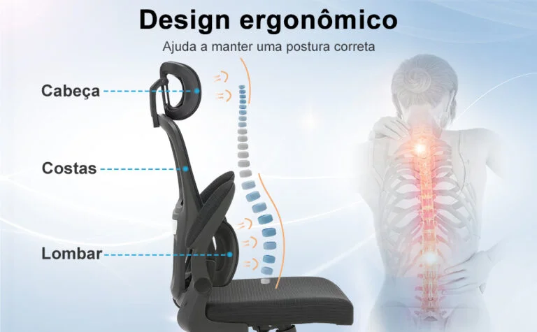 Imagem de uma cadeira de escritório ergonômica preta com apoio de cabeça ajustável e suporte lombar 3D, com ilustração da coluna e indicação de medidas e dimensões do produto.