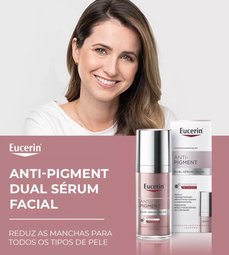 Reviews dos Melhores Séruns Clareadores e Anti-Manchas de 2026 : Guia Especial para Pele Iluminada Mulher sorrindo ao lado do frasco e da embalagem do Eucerin Anti-Pigment Dual Sérum Facial sobre fundo claro com destaque para a redução de manchas.