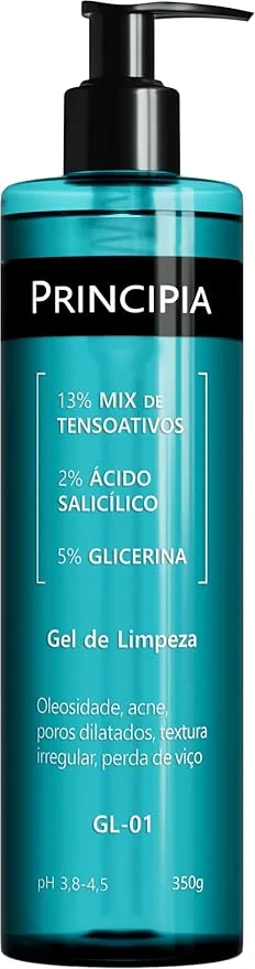 Gel de Limpeza Facial com Ácido Salicílico + Glicerina (Amazon): pele mais limpa e oleosidade controlada? Imagem de um frasco verde de um gel de limpeza facial que contém 2% Ácido salicílico + 5% glicerina da marca principia