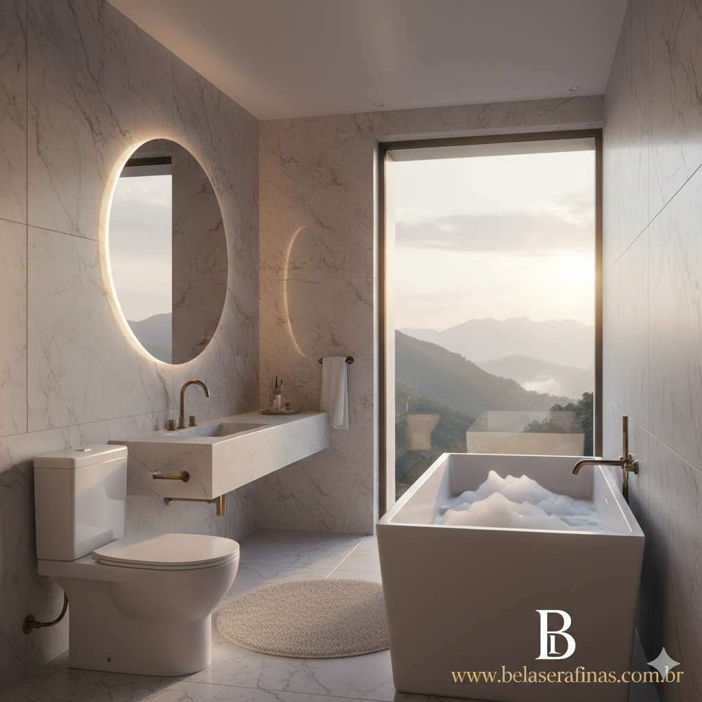 Banheiro de luxo com estética clean e moderna. Em destaque, um vaso sanitário monobloco branco com design minimalista e laterais lisas, posicionado ao lado de uma bancada de mármore esculpida. Ao fundo, uma banheira de imersão contemporânea próxima a uma grande janela com vista para montanhas ao pôr do sol. O ambiente possui iluminação suave vinda de um espelho circular retroiluminado. No canto inferior direito, a logo 