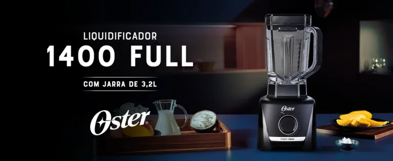 Liquidificador Oster 1400W Full Preto é bom? Vale a pena comprar na Amazon? imagem de um banner apresentando um liquidificador oster mostrando a sua potência de 1400 w full preto