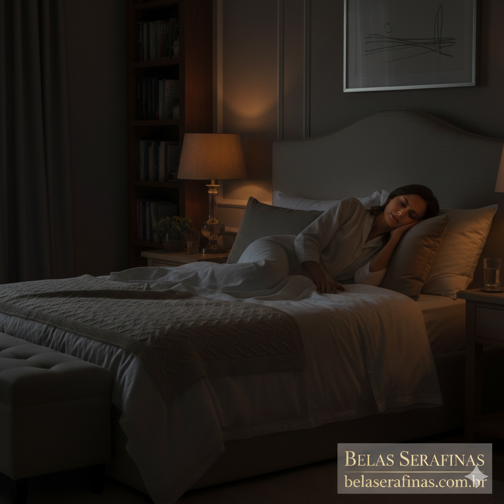 imagem dramática e elegante de uma mulher sofrendo com insônia o ambiente é um quarto de alto padrão, com iluminação mínima destacando o semblante de cansaço.webp