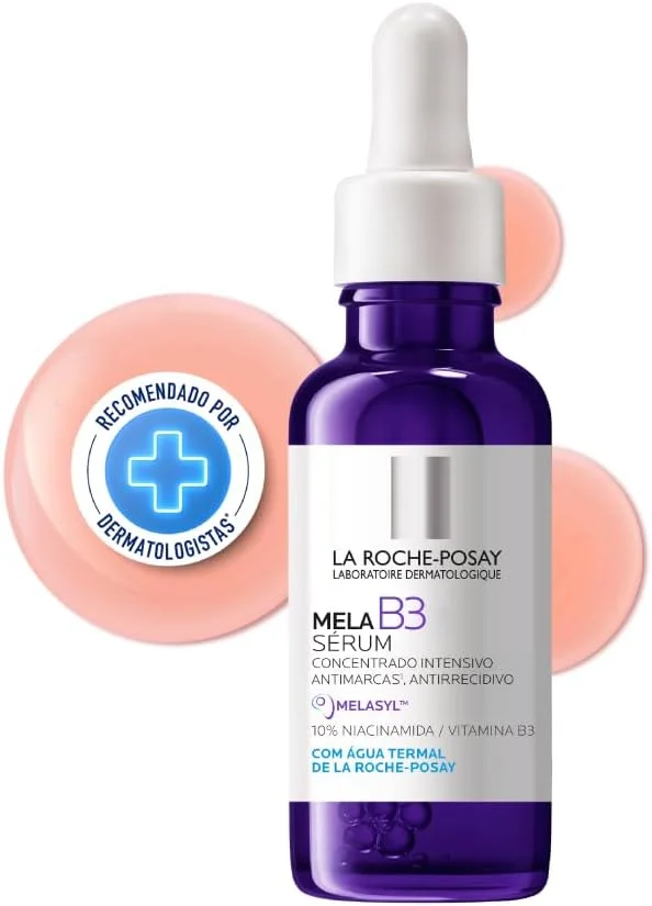Reviews dos Melhores Séruns Clareadores e Anti-Manchas de 2026 : Guia Especial para Pele Iluminada Frasco roxo com conta-gotas branco do Sérum Mela B3 La Roche-Posay sobre fundo claro com selo