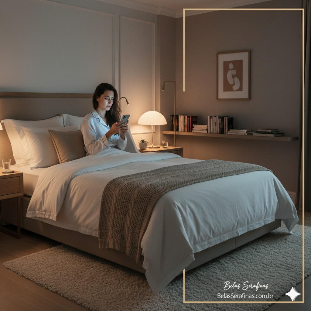 mulher com insônia sentada em cama de casal confortável usando celular em quarto com decoração de luxo e iluminação quente.webp