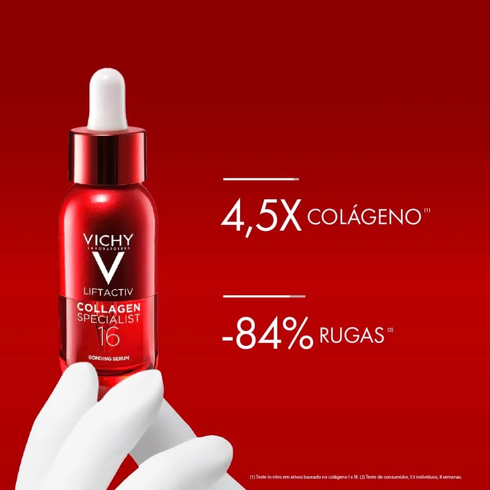 Imagem de um Frasco de vidro vermelho do Sérum Vichy Liftactiv Specialist sobre uma superfície clara.