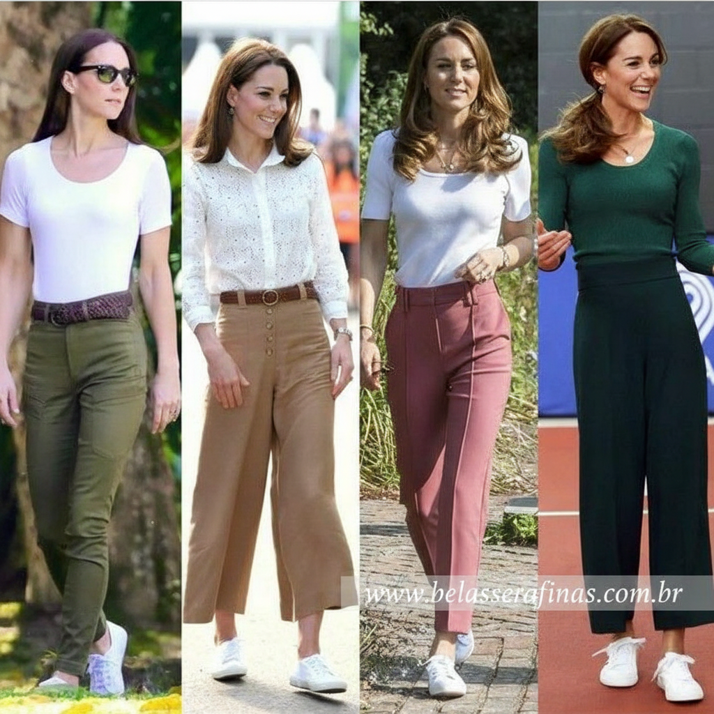Tênis Branco: Como Combinar Looks e Ficar Chique e Confortável ao Mesmo Tempo? imagem da princesa kate usando tênis branco com vários looks sempre elegantes