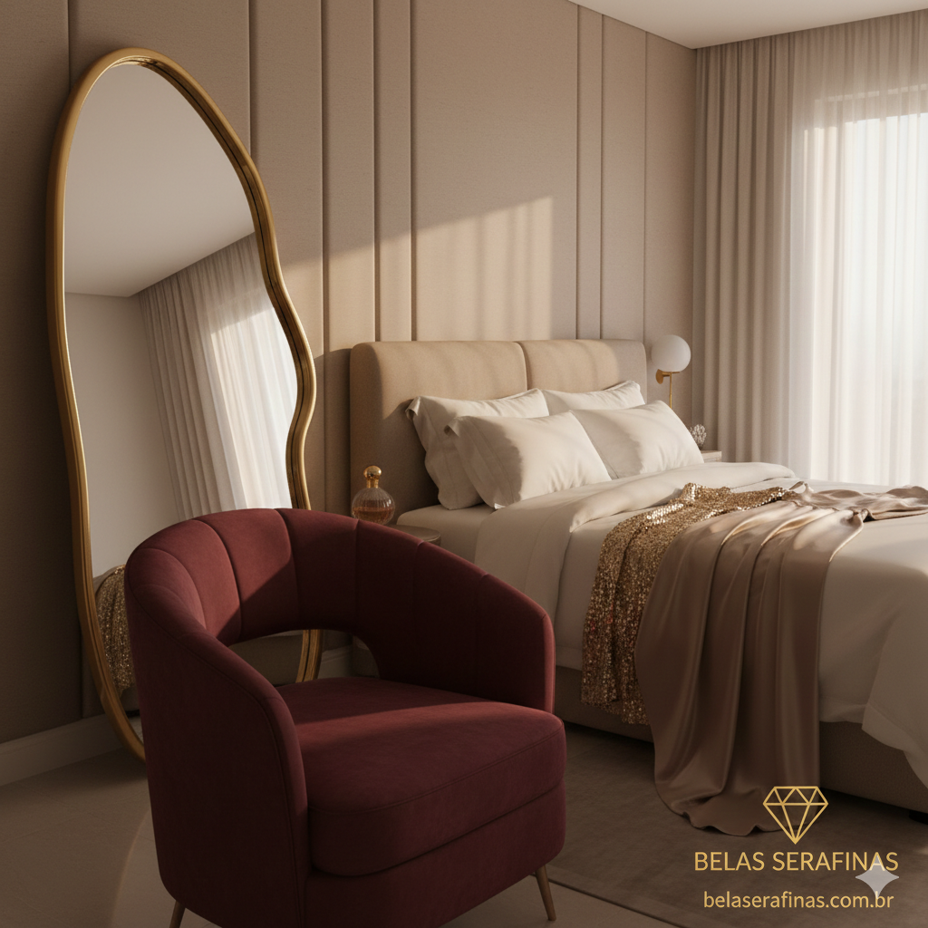 imagem de um dormitório sofisticado que exemplifica a tendência de design biofílico e orgânico de 2026. a imagem destaca um espelho assimétrico de grandes dimensões com moldura dourada.webp