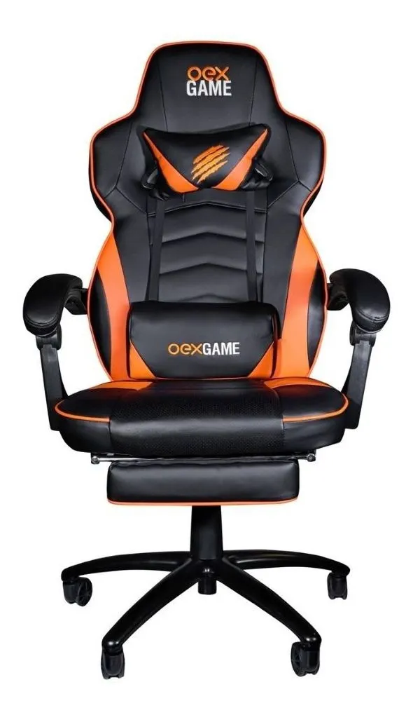 imagem de uma cadeira gamer cor preto e laranja com descanso para os pés