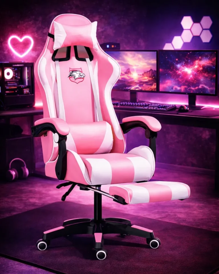 Cadeira Gamer: Para Garotas e Garotos imagem de uma cadeira ergométrica rosa e no fundo uma mesa com dois monitores em um ambiente rosa