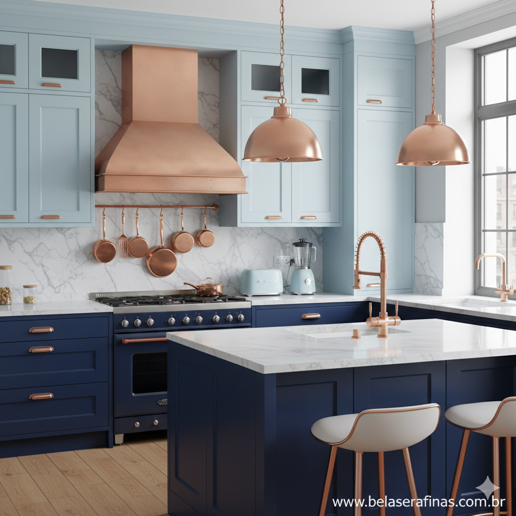 imagem de uma cozinha de luxo planejada com armários em dois tons de azul bebê e azul marinho detalhes em metal cobre e bancada de mármore branco.webp