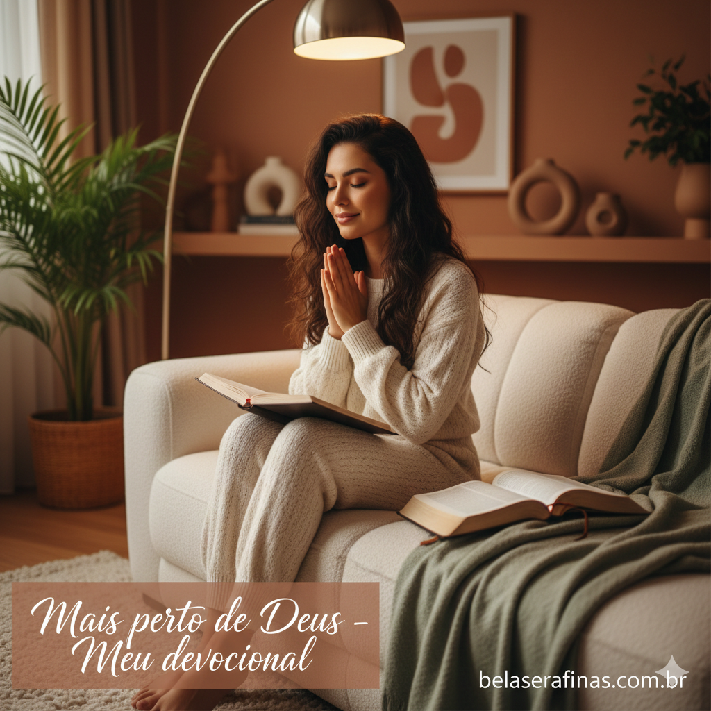 Devocional para mulheres: 3 livros que vão restaurar sua alma em 2026 imagem de uma mulher fazendo uma oração na sala com a biblia aberta e um livro devolcional com luz de um abajur.webp
