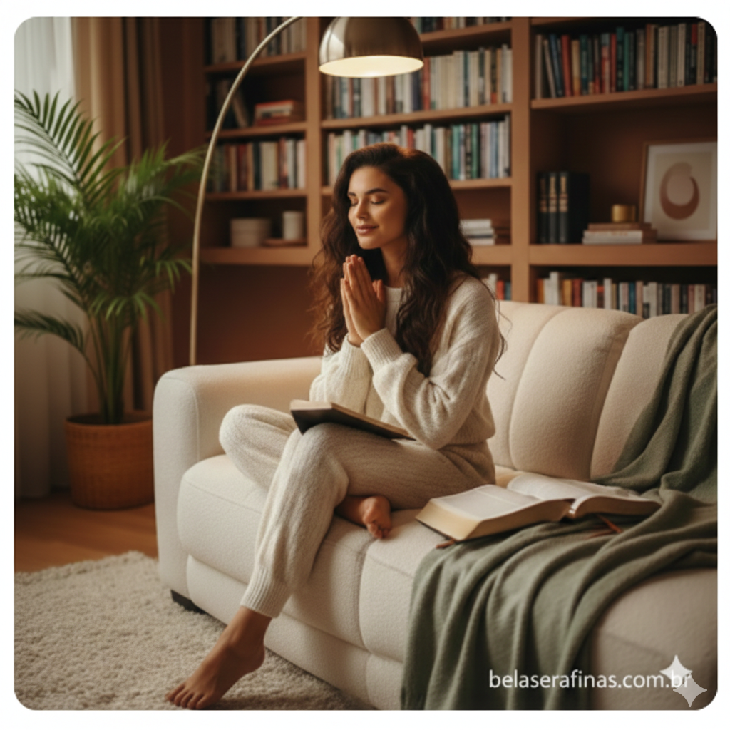 Guia de Leitura 2026: Os 3 Livros Mais Vendidos na Amazon para sua Mente, Espírito e Bolso imagem de uma mulher fazendo uma oração na sala com a biblia aberta e um livros com luz de um abajur.webp