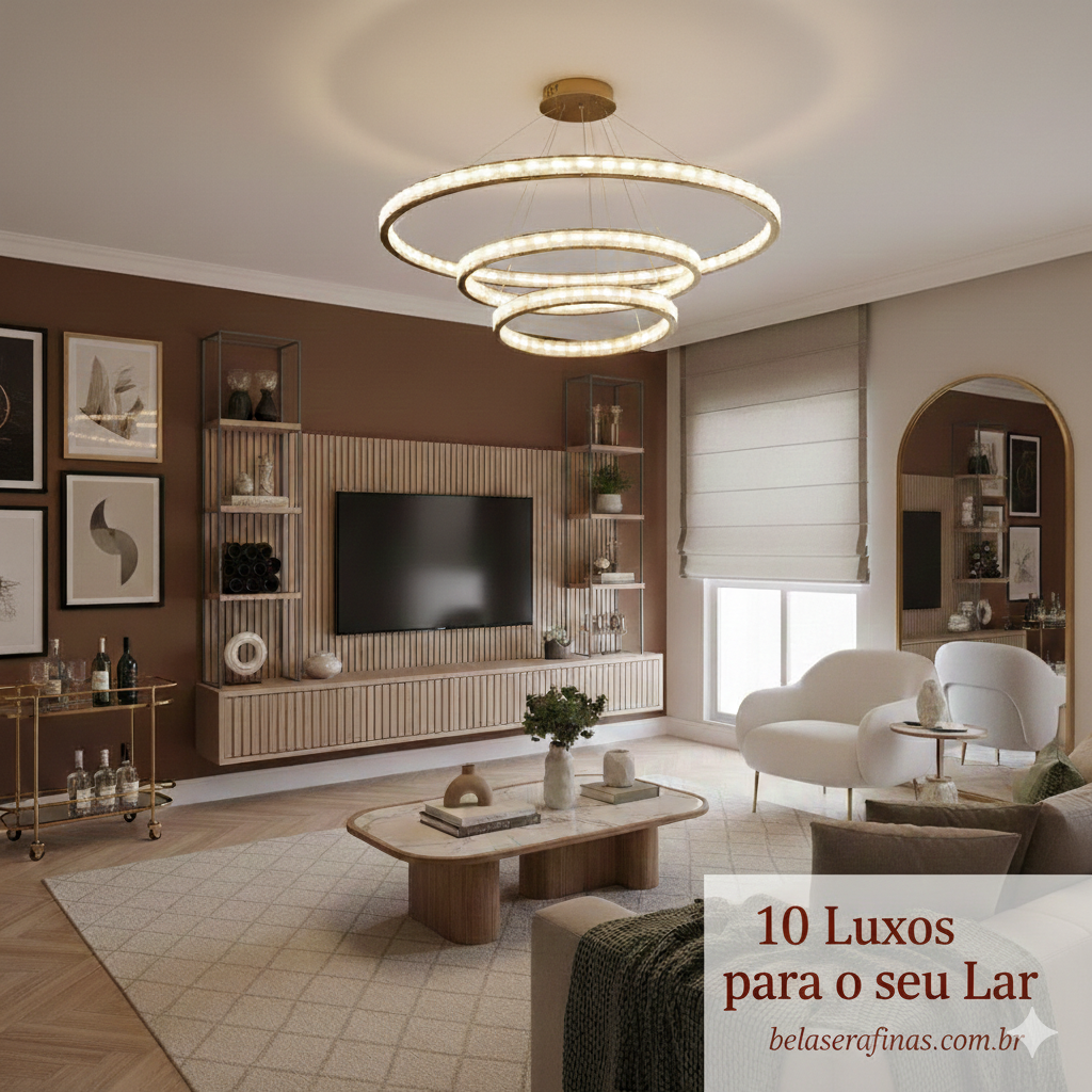imagem de uma sala decoraca com estilo mdoerno com um lutre sofá poltrona branca quadros decorativos e um espelho.webp