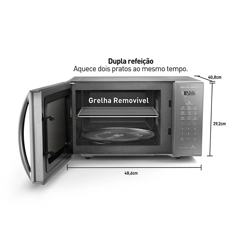 Review!: Qual o Micro-ondas Ideal para sua Cozinha? imagem de micro-ondas panasonic com a porta aberta e apresentação das suas medidas
