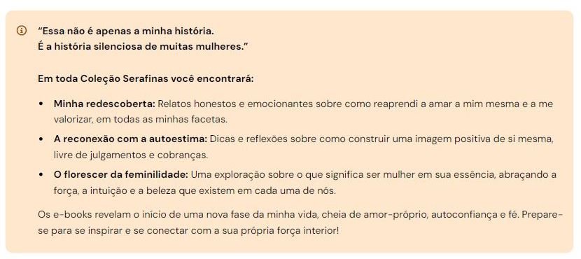 Banner de fundo pêssego suave apresentando a Coleção Serafinas. O texto destaca a redescoberta pessoal, reconexão com a autoestima e o florescer da feminilidade nos e-books da autora, focando em amor-próprio e força interior.