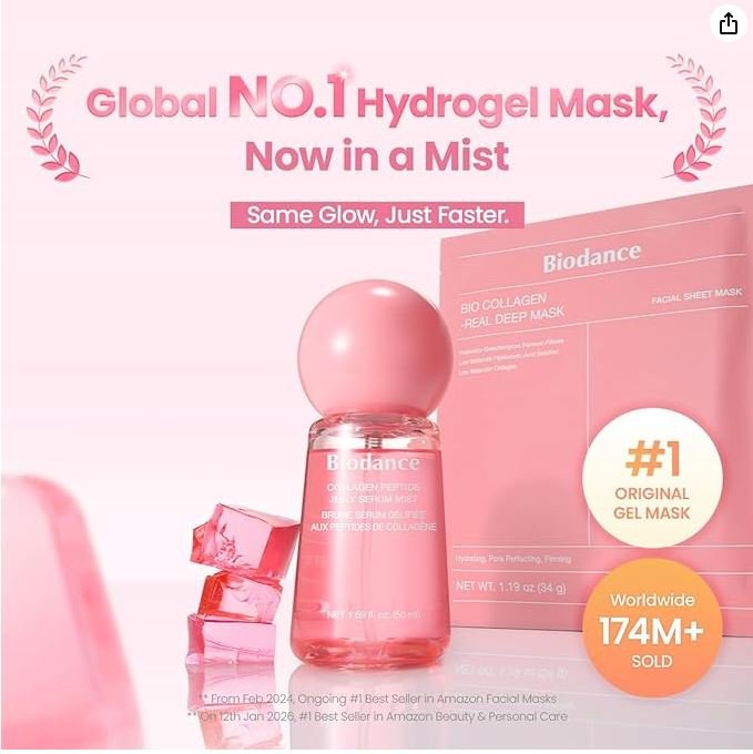 A spray bottle of Biodance Collagen Mist Serum against a clean background. The packaging highlights its hydrating and anti-aging properties, showing the bi-phasic formula that provides a radiant glow on the go.