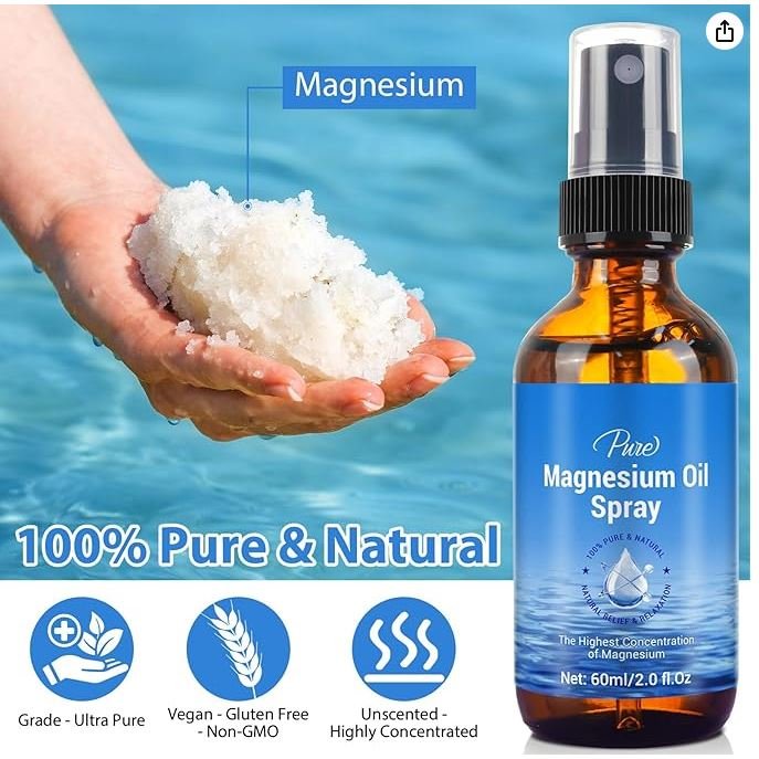 Magnesium Oil Spray bottle showing the spray nozzle and listing benefits like sleep support and leg cramp relief.