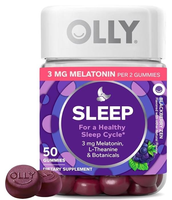OLLY Sleep Gummies with blackberries, showing natural ingredients and the soft texture of the melatonin supplement.