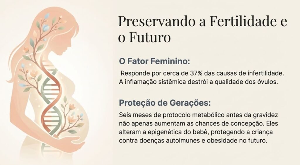 Ilustração artística de uma mulher grávida com elementos de DNA e flores, ao lado de um texto sobre preservação da fertilidade, causas de infertilidade feminina e os benefícios do protocolo metabólico para a epigenética do bebê.